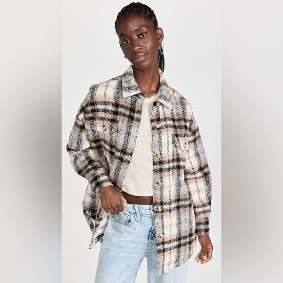 NEW GOOD AMERICAN Oversized Neutral Plaid Shacket Size 5/6 (2X/3X) - Picture 3 of 7